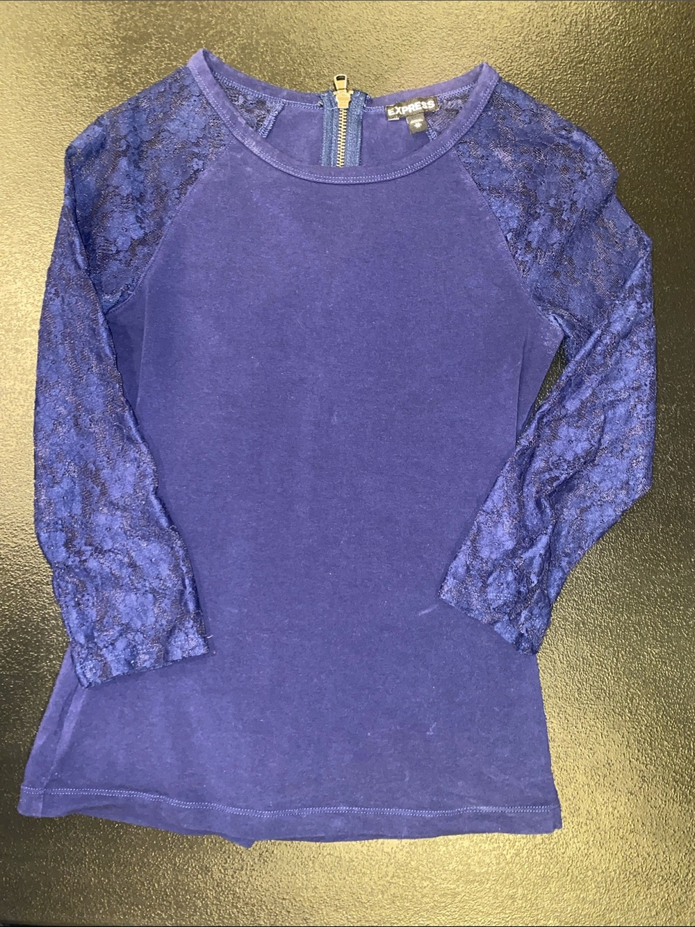 Express Women's Navy Blue Lace-Sleeve Long Sleeve Tee